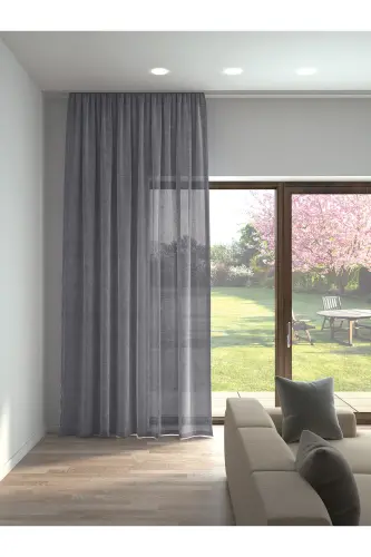 Тёмно-серый льняной вид однотонной тюлевой занавески, не требующей глажки - ТЁМНО-СЕРЫЙ 