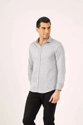 Темно-серый мужской приталенный клетчатый узор Полуитальянский воротник Рубашка с длинными рукавами - 90539-Темно-серый - DUFY (1)
