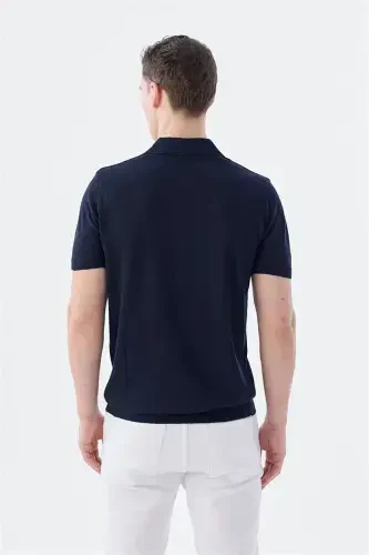 Темно-синяя футболка-поло slim fit с полосками - 4