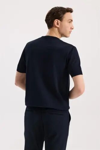 Темно-синяя облегающая футболка с круглым вырезом из вискозы Slim Fit - 4