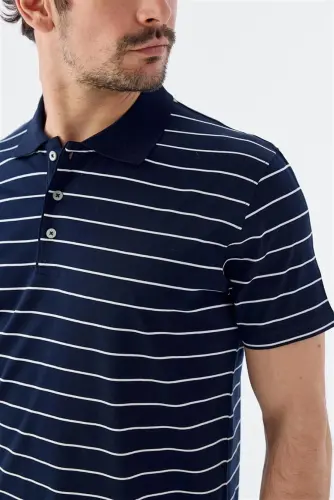 Тёмно-синяя поло футболка slim fit в полоску из 100% хлопка - 3