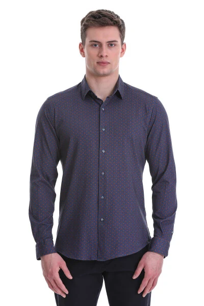 Lacivert Slim Fit Baskılı 100% Pamuklu Slim Yaka U - HATEMOĞLU