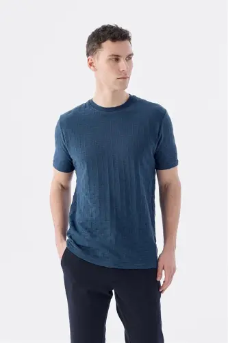 Тёмно-синяя трикотажная футболка slim fit с воротником-стойкой - 3