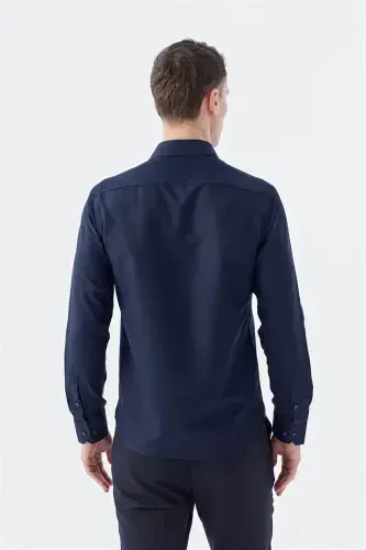 Темно-синяя хлопковая рубашка Comfort Fit, легко гладится - 3