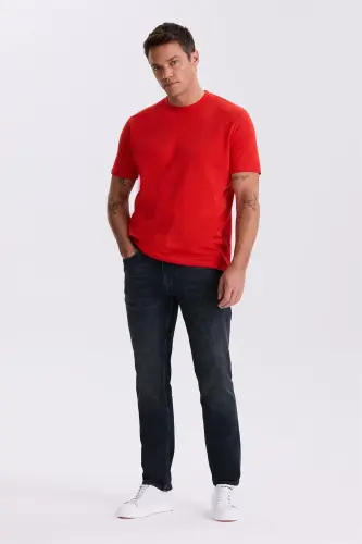 Темно-синие зауженные джинсы Slim Fit из стираного хлопка с эффектом потертости - 1
