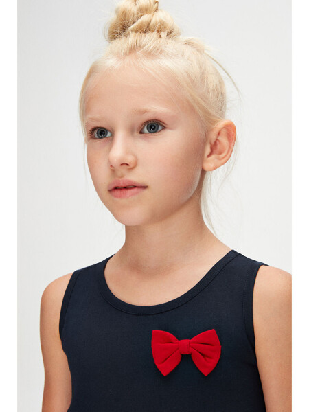 Тёмно-синий + Белый Девочка Цветное Плиссированное Платье на Бретелях - Тёмно-синий - 3