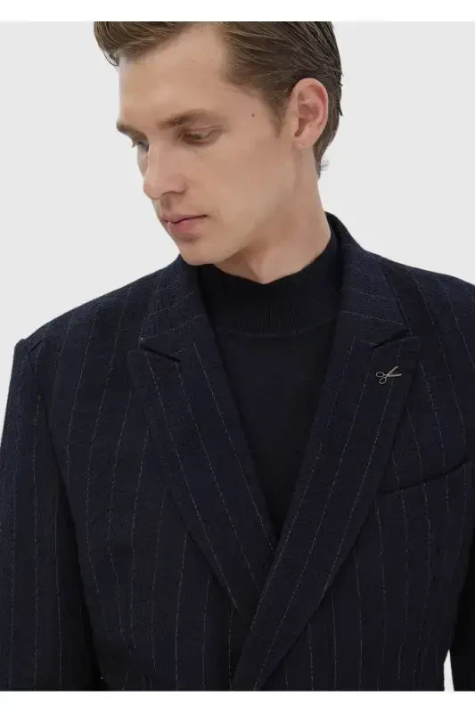 Темно-синий полосатый костюм из хлопка Comfort Fit - 4