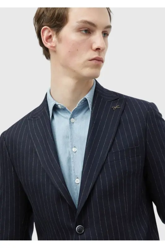 Темно-синий полосатый пиджак из шерстяной смеси Zeroweight Slim Fit - 4