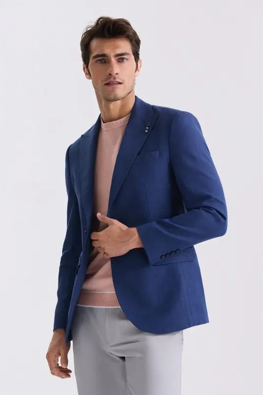 Темно-синий спортивный пиджак из льна Slim Fit с острым воротником - JAKAMEN