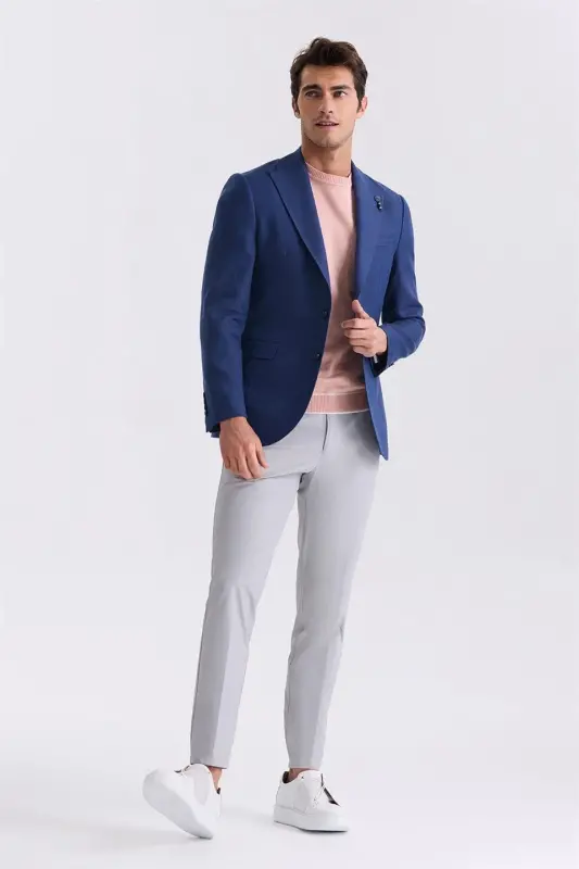 Темно-синий спортивный пиджак из льна Slim Fit с острым воротником - 2