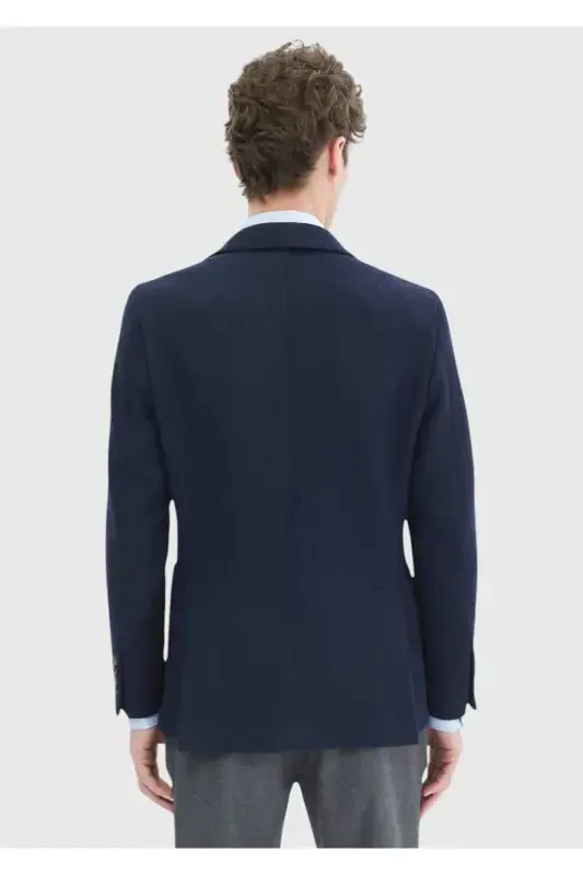 Темно-синий узорчатый жакет с плечами, приталенный, из шерстяной смеси. - 7