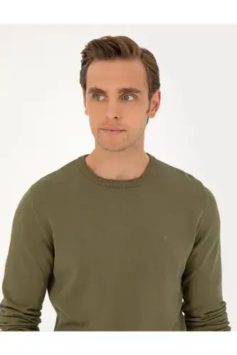 Тёмно-хаки Slim Fit Вязаный свитер с круглым вырезом 50296575-VR111-Тёмно-хаки - PIERRE CARDIN (1)