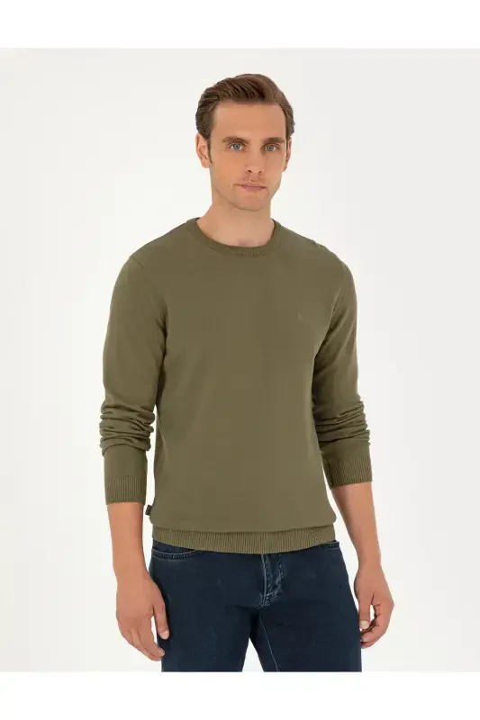 Тёмно-хаки Slim Fit Вязаный свитер с круглым вырезом 50296575-VR111-Тёмно-хаки - 3