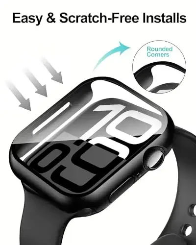 Smiling 2 Pack Case Compatible with Apple Watch Series 11 (2025)/Series 10 46mm with Tempered Glass Screen Protector, Hard PC Case Overall Protective Cover, 9H+ Hardness Scratch-Resistant - Black - 4