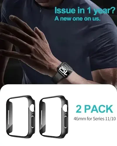 Smiling 2 Pack Case Compatible with Apple Watch Series 11 (2025)/Series 10 46mm with Tempered Glass Screen Protector, Hard PC Case Overall Protective Cover, 9H+ Hardness Scratch-Resistant - Black - 6