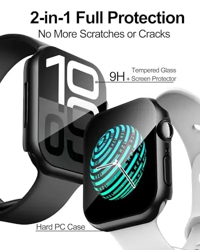 Smiling 2 Pack Case Built in Tempered Glass Screen Protector Compatible with Apple Watch Series 11 (2025)/Series 10 46mm, Hard PC Case Overall Protective Cover- Black - 2