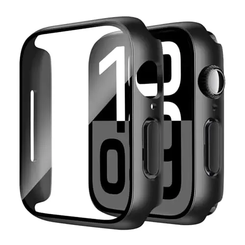 Smiling 2 Pack Case Compatible with Apple Watch Series 11 (2025)/Series 10 46mm with Tempered Glass Screen Protector, Hard PC Case Overall Protective Cover, 9H+ Hardness Scratch-Resistant - Black - 1