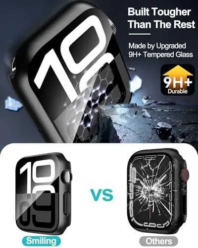 Smiling 2 Pack Case Compatible with Apple Watch Series 11 (2025)/Series 10 46mm with Tempered Glass Screen Protector, Hard PC Case Overall Protective Cover, 9H+ Hardness Scratch-Resistant - Black - 3