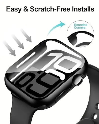 Smiling 2 Pack Case Compatible with Apple Watch Series 11 (2025)/Series 10 46mm with Tempered Glass Screen Protector, Hard PC Case Overall Protective Cover, 9H+ Hardness Scratch-Resistant - Black - 4