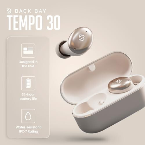 Tempo 30 Wireless Earbuds for Small Ears with Premium Sound, Comfortable Bluetooth Ear Buds for Women and Men, Gold Earphones for Small Ear Canals with Mic, IPX7 Sweatproof, Long Battery, Loud Bass - 3