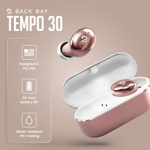 Tempo 30 Wireless Earbuds for Small Ears with Premium Sound, Comfortable Bluetooth Ear Buds for Women and Men, Rose Gold Pink Earphones for Small Ear Canals with Mic, Sweatproof, Long Battery, Bass - 5