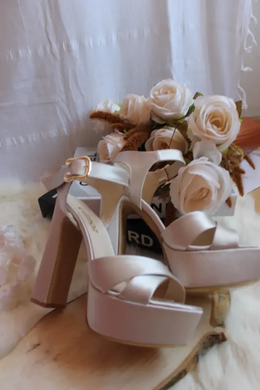 Ten Nude Satin Fabric Ankle Strap Open Toe Chunky Heel Platform Shoes-TAN SATIN - 7