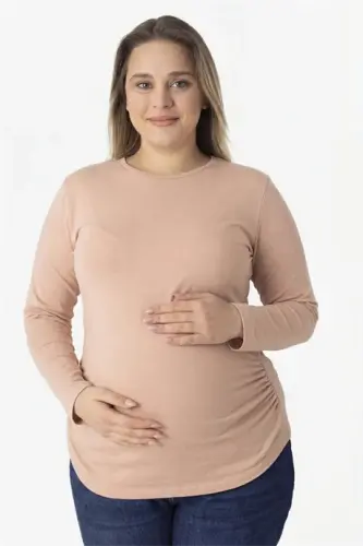 Ten Rengi Uzun Kollu Hamile Tişört Pamuklu Likralı Yumuşak ve Esnek Kumaş - BÜYÜKBEDENIZ (1)