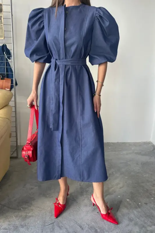TENCEL WATERMELON SLEEVE DRESS - Indigo - 3
