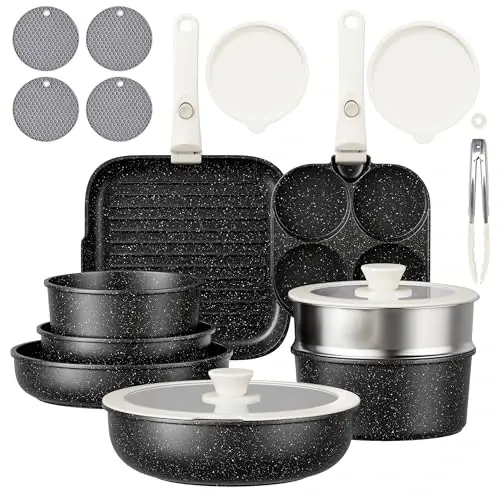 Pots and Pans Set - 19PCS Induction Cookware Set Detachable Handle Nonstick Kitchen Cookware Sets, Non-toxic Non-stick Cooking Set, Pot and Pan Set Removable Handle, Oven & Dishwasher Safe - 1