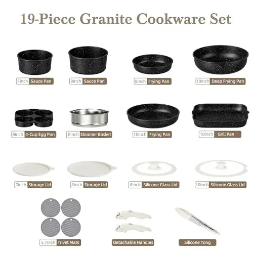 Pots and Pans Set - 19PCS Induction Cookware Set Detachable Handle Nonstick Kitchen Cookware Sets, Non-toxic Non-stick Cooking Set, Pot and Pan Set Removable Handle, Oven & Dishwasher Safe - CAANNASWEIS (1)