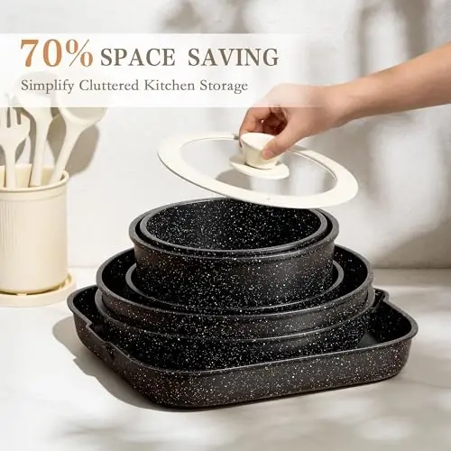 Pots and Pans Set - 19PCS Induction Cookware Set Detachable Handle Nonstick Kitchen Cookware Sets, Non-toxic Non-stick Cooking Set, Pot and Pan Set Removable Handle, Oven & Dishwasher Safe - 6