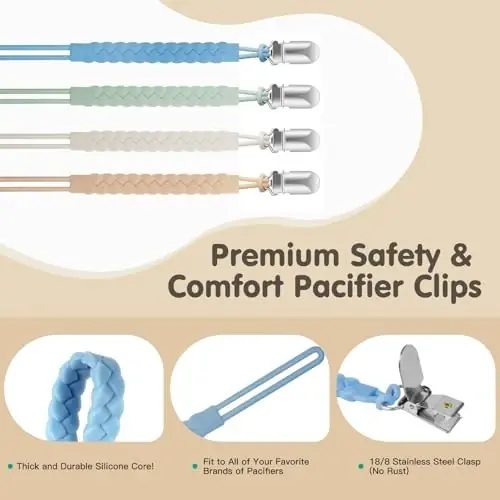 Tender Babe Silicone Pacifier Clip for Baby Boys and Girls, Woven Rope Flexible Design, Pacifier Holder for Teething Relief and Baby Essentials, Safe for Newborns (6 Pack) - TENDER (1)