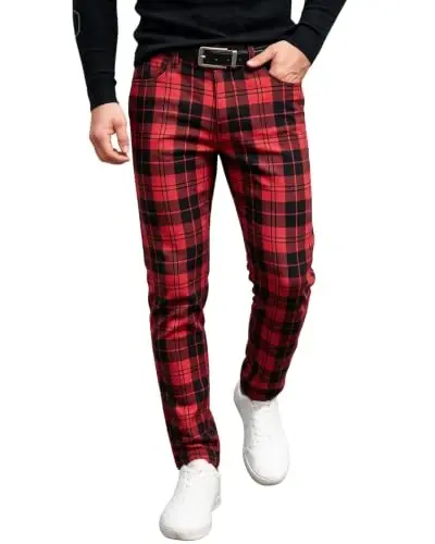 TENGINE Plaid Pants for Men, Mens Skinny Stretch Slim fit Chinos Golf Business Dress Casual Pants 