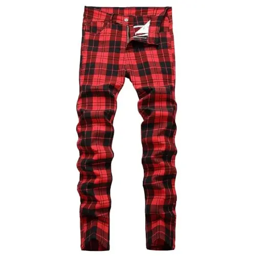 TENGINE Ekose Erkek Pantolon, Erkek Dar Kesim Esnek Slim Fit Chinos Golf İş Elbisesi Günlük Pantolon - 5