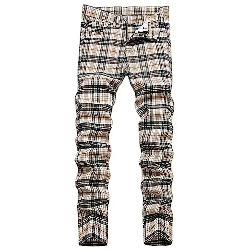 TENGINE Plaid Pants for Men, Mens Skinny Stretch Slim fit Chinos Golf Business Dress Casual Pants 