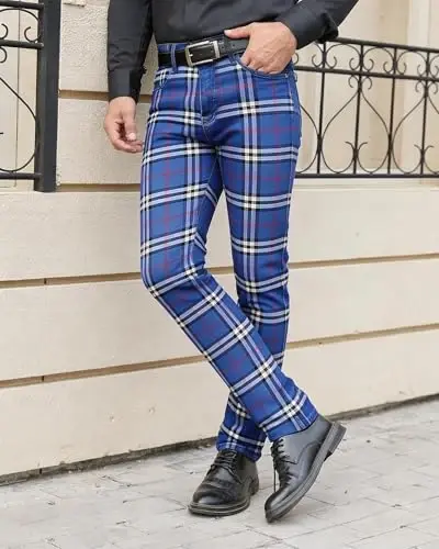 TENGINE Plaid Pants for Men, Mens Skinny Stretch Slim fit Chinos Golf Business Dress Casual Pants - 3
