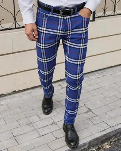 TENGINE Plaid Pants for Men, Mens Skinny Stretch Slim fit Chinos Golf Business Dress Casual Pants - TENGINE (1)