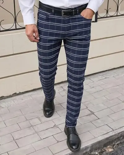 TENGINE Plaid Pants for Men, Mens Skinny Stretch Slim fit Chinos Golf Business Dress Casual Pants - 2