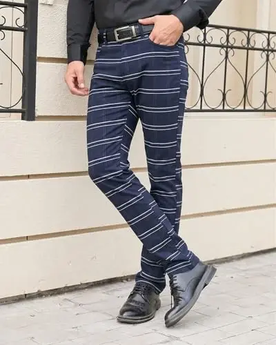 TENGINE Plaid Pants for Men, Mens Skinny Stretch Slim fit Chinos Golf Business Dress Casual Pants - 3