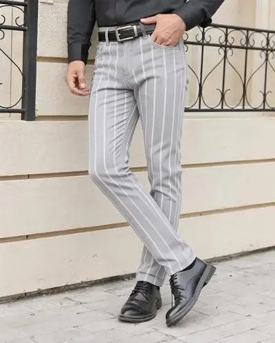 TENGINE Erkek Ekose Pantolon, Erkek Dar Kesim Esnek Slim Fit Chino Golf İş Elbisesi Günlük Pantolon - 3