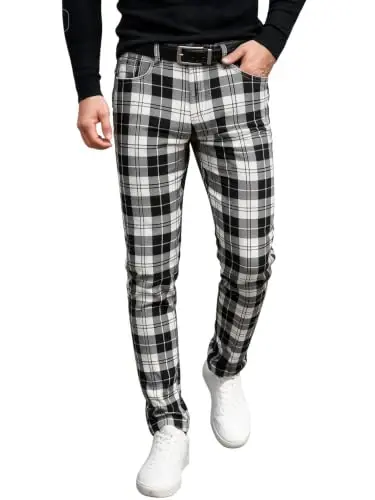 TENGINE Plaid Pants for Men, Mens Skinny Stretch Slim fit Chinos Golf Business Dress Casual Pants 