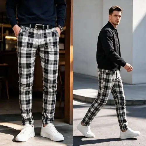 TENGINE Erkek Ekose Pantolon, Erkek Dar Kesim Esnek Slim Fit Chinos Golf İş Elbisesi Günlük Pantolon - 2