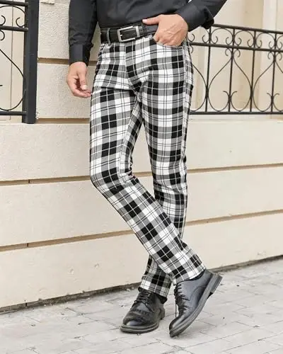 TENGINE Erkek Ekose Pantolon, Erkek Dar Kesim Esnek Slim Fit Chinos Golf İş Elbisesi Günlük Pantolon - 3