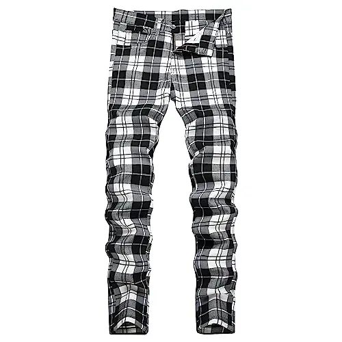 TENGINE Erkek Ekose Pantolon, Erkek Dar Kesim Esnek Slim Fit Chinos Golf İş Elbisesi Günlük Pantolon - 5