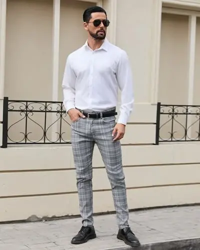 TENGINE Plaid Pants for Men, Mens Skinny Stretch Slim fit Chinos Golf Business Dress Casual Pants 
