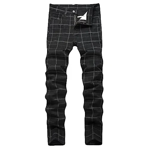 TENGINE Plaid Pants for Men, Mens Skinny Stretch Slim fit Chinos Golf Business Dress Casual Pants 