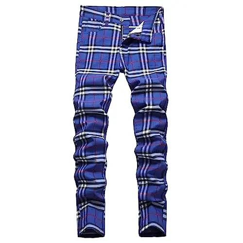 TENGINE Plaid Pants for Men, Mens Skinny Stretch Slim fit Chinos Golf Business Dress Casual Pants - 1