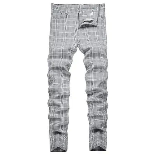 TENGINE Plaid Pants for Men, Mens Skinny Stretch Slim fit Chinos Golf Business Dress Casual Pants - MODAZONE
