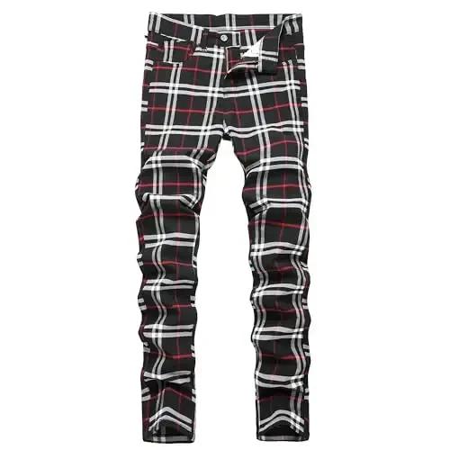 TENGINE Plaid Pants for Men, Mens Skinny Stretch Slim fit Chinos Golf Business Dress Casual Pants - 1