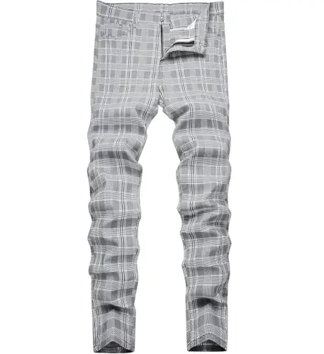 TENGINE Plaid Pants for Men, Mens Skinny Stretch Slim fit Chinos Golf Business Dress Casual Pants 